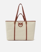 Pinko Maxi Shopper Bag In Recycled Canvas With Double Handles Mult. Beige/Leather Antique Gold