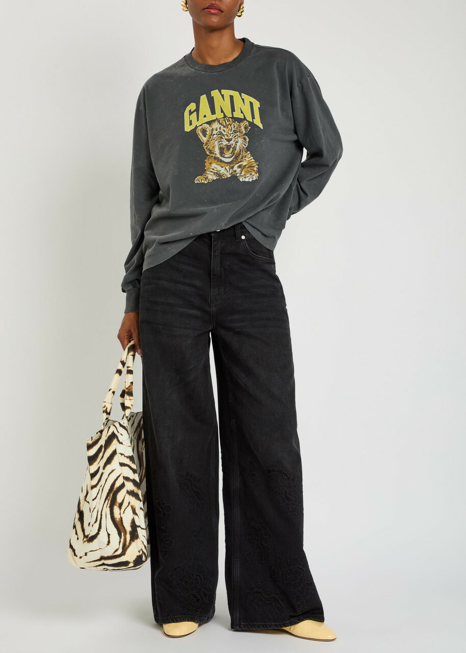 Ganni Lari Floral-embroidered Wide-leg Jeans Black