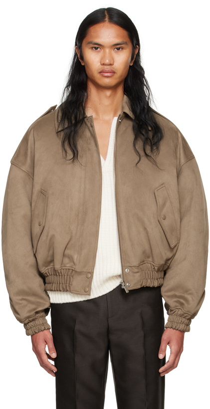 Photo: System Brown Spread Collar Faux-Leather Bomber Jacket