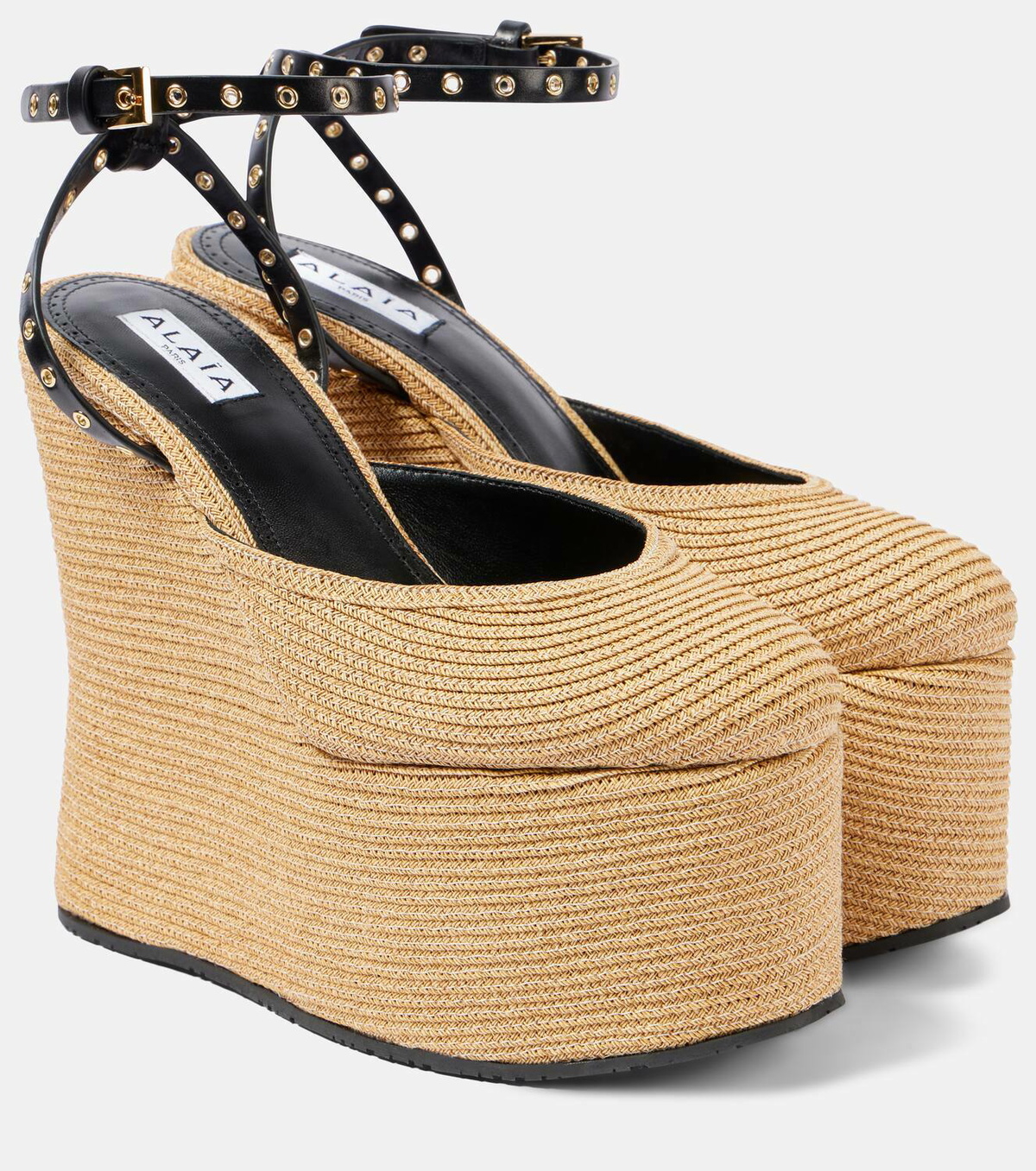 Alaïa Leather-trimmed raffia wedge sandals ALAÏA