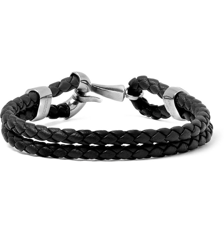 Photo: Bottega Veneta - Intrecciato Leather and Burnished Silver-Tone Bracelet - Men - Black