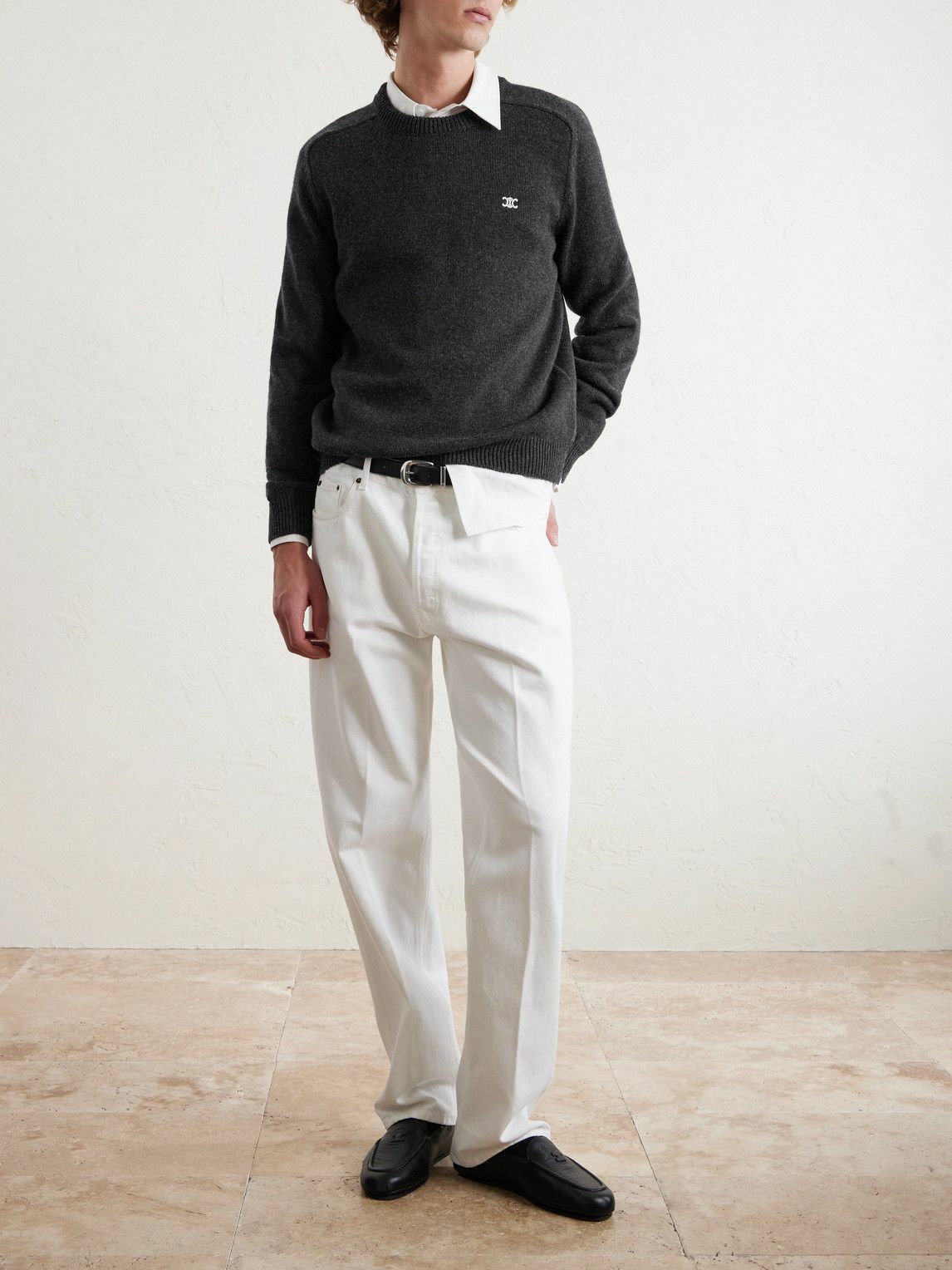 CELINE - Logo-Embroidered Wool and Cashmere-Blend Sweater - Gray