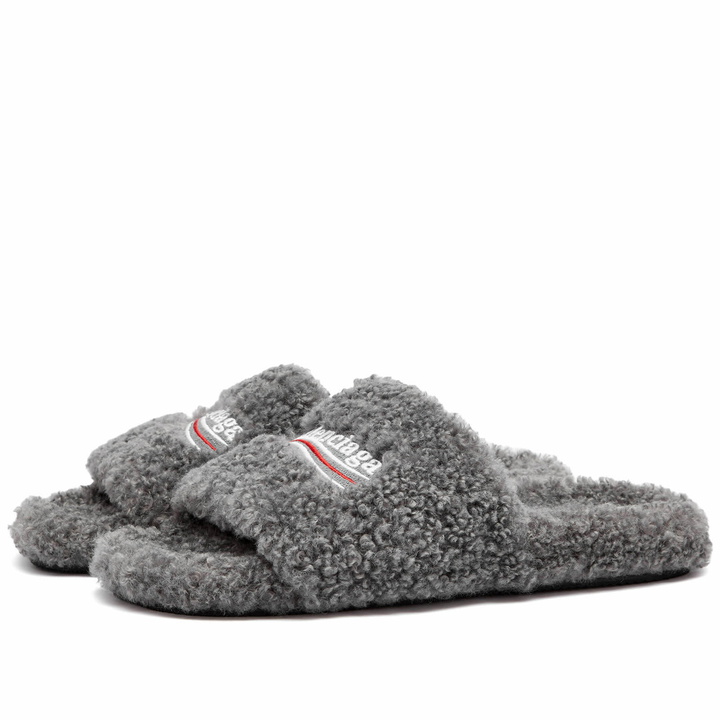 Photo: Balenciaga Men's Furry Logo Slide in Grey/White/Red