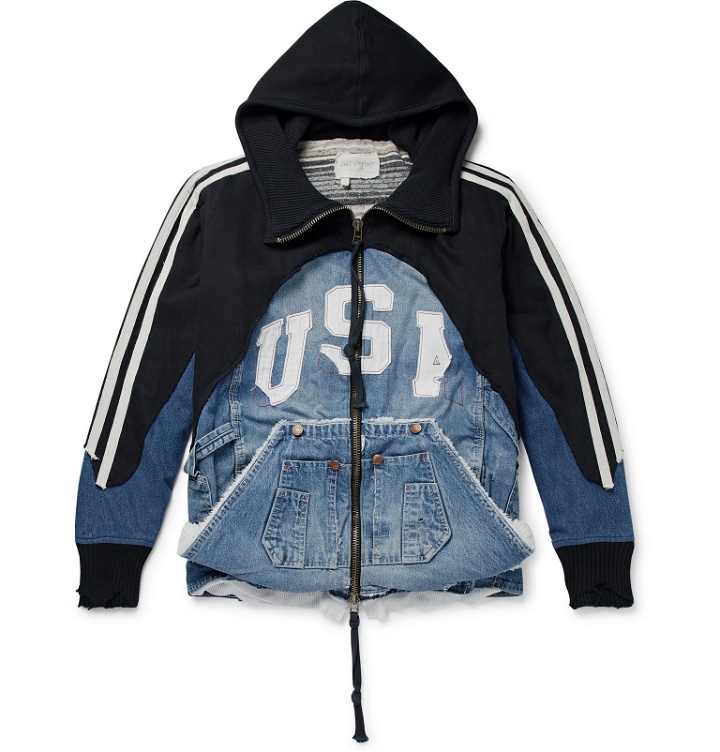 Photo: Greg Lauren - Panelled Distressed Waffle-Knit Jersey and Denim Zip-Up Hoodie - Black