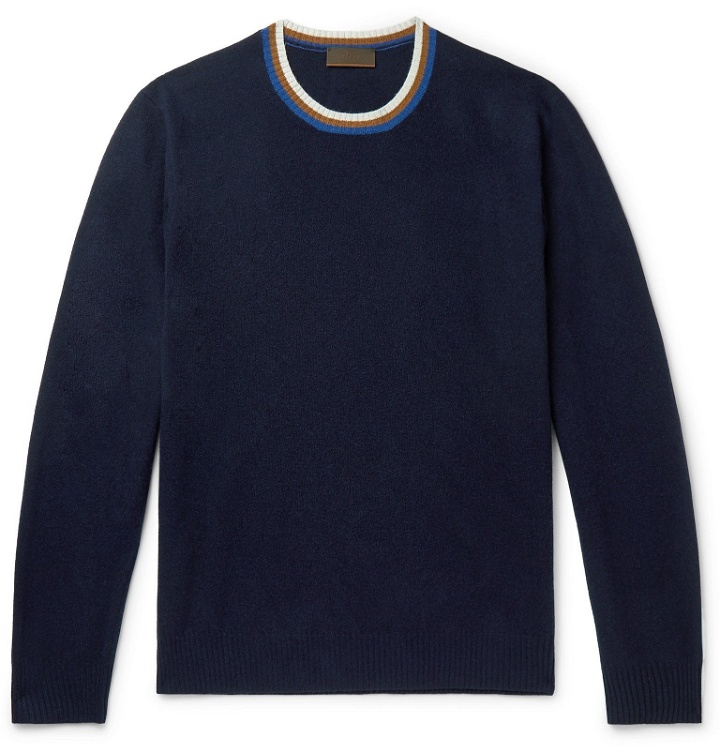 Photo: Altea - Slim-Fit Stripe-Trimmed Virgin Wool and Cashmere-Blend Sweater - Blue