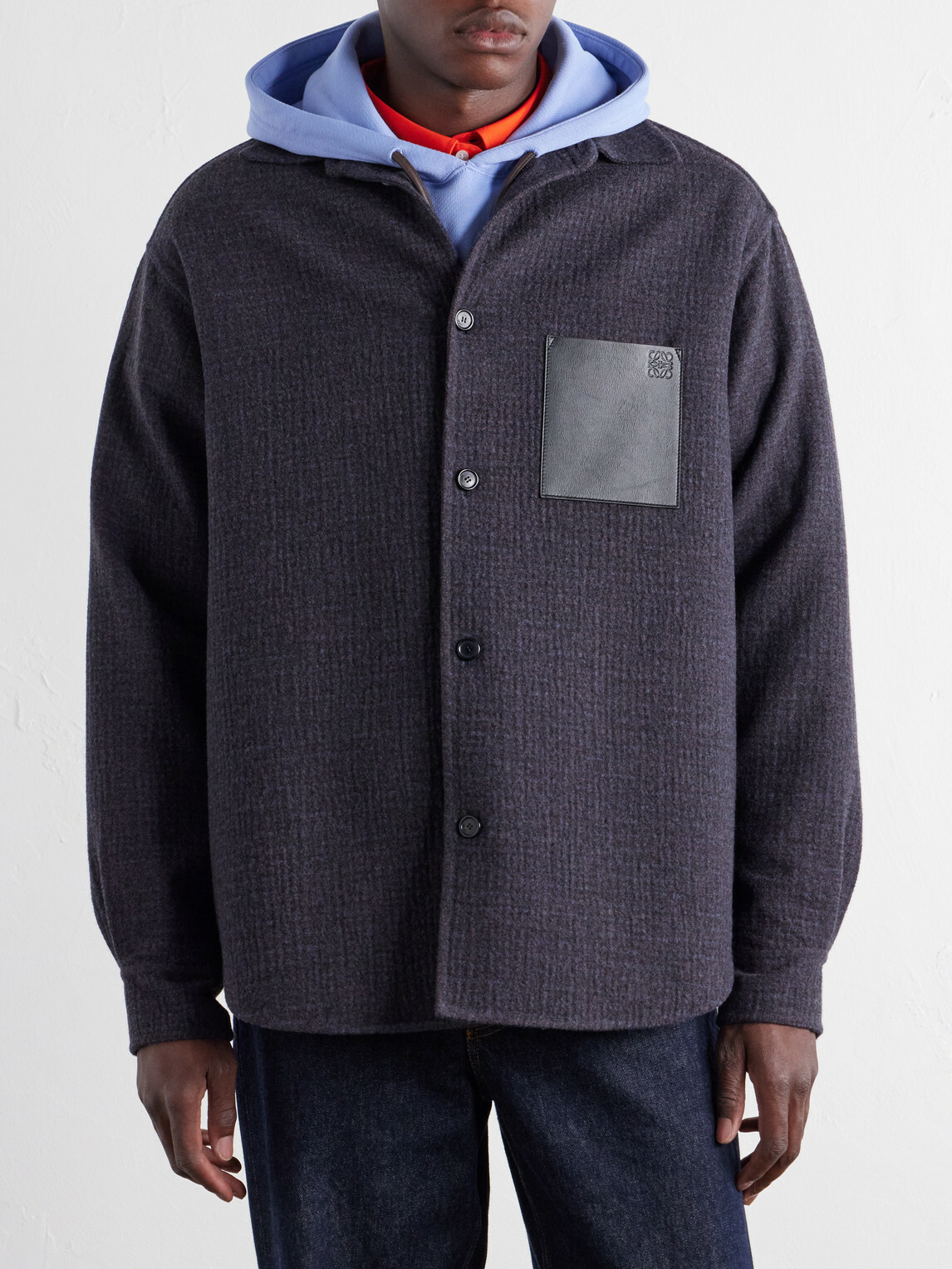LOEWE - Leather-Patched Wool and Silk-Blend Overshirt - Blue