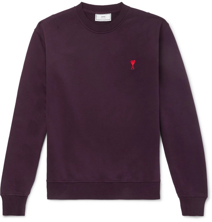 Photo: AMI - Logo-Embroidered Loopback Cotton-Jersey Sweatshirt - Men - Burgundy