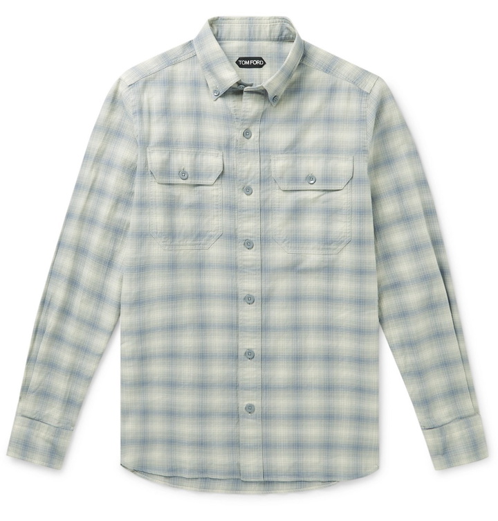 Photo: TOM FORD - Slim-Fit Button-Down Collar Checked Washed Cotton-Flannel Shirt - Gray