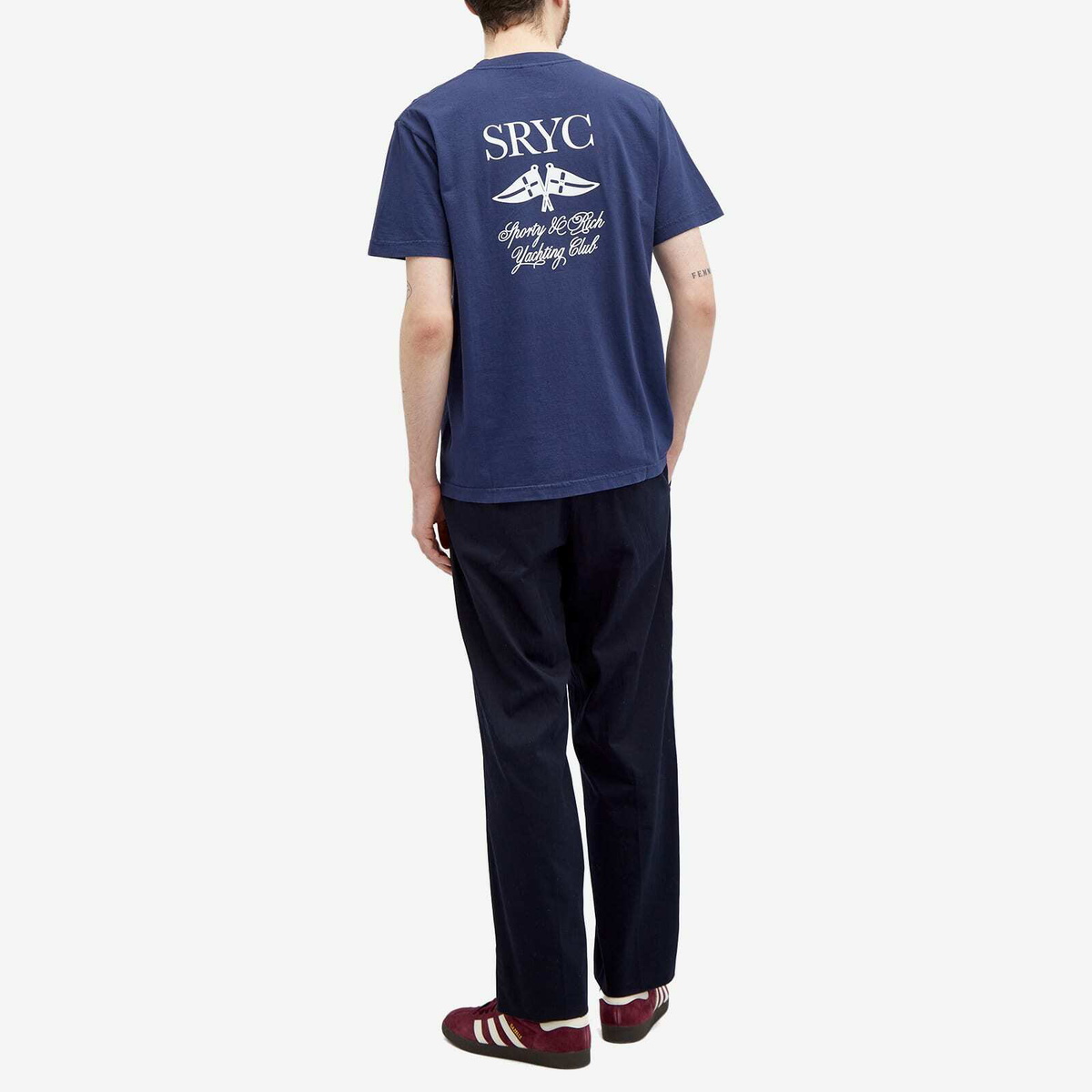 ★Sporty & Rich★ Yacht Club Logo Print Short Sleeve T-Shirt Sporty & Rich Men's Yacht Club T-Shirt in Navy/White Sporty