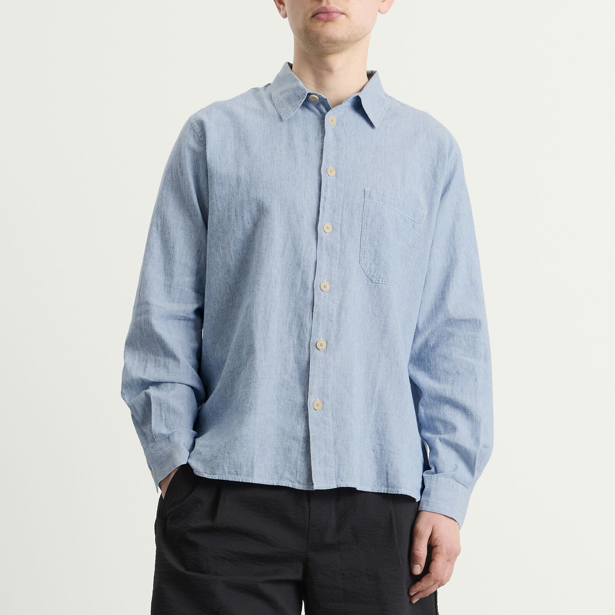 Folk Men's Easy Fit Shirt in Washed Indigo Stripe