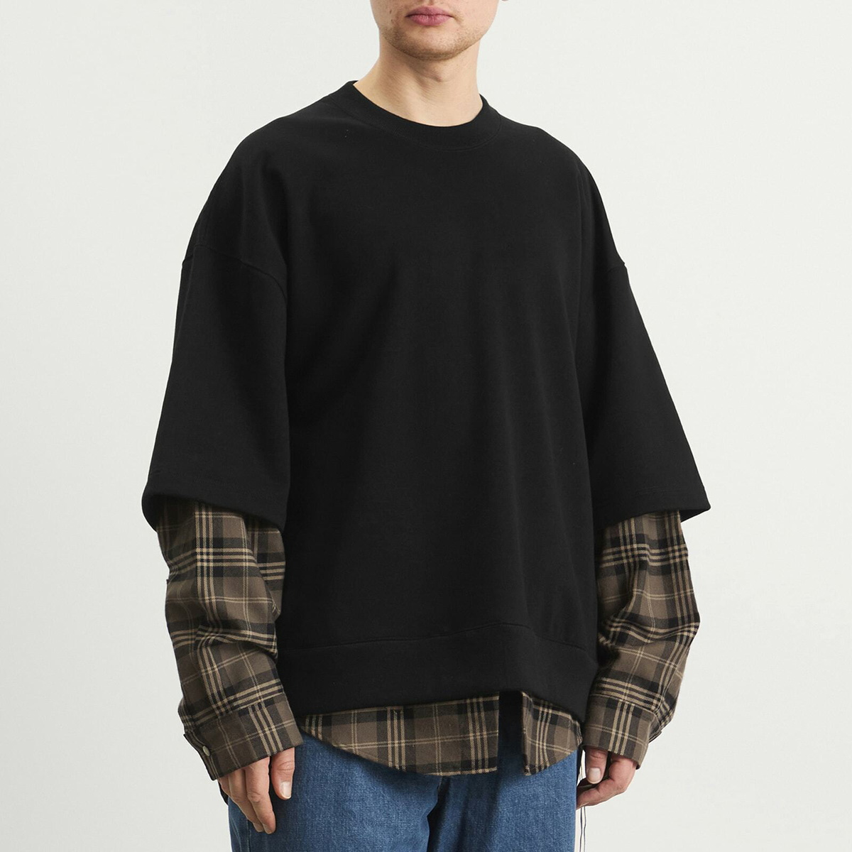 MASTERMIND WORLD Men's Layered Sweatshirt in Black X Gray Plaid