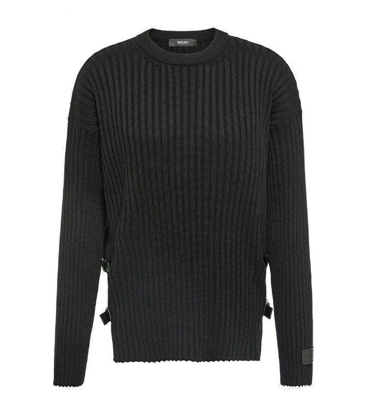 Photo: Versace Leather-trimmed knit wool sweater