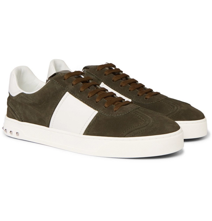 Photo: Valentino - Valentino Garavani Flycrew Leather-Panelled Suede Sneakers - Men - Army green