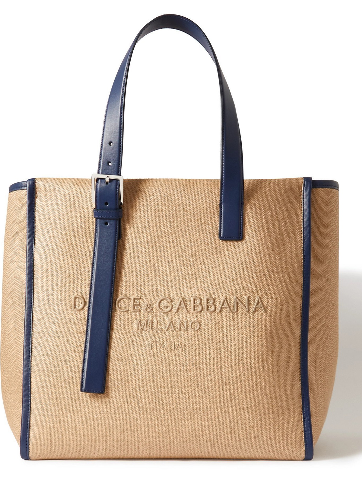 Leather-trimmed embroidered canvas tote