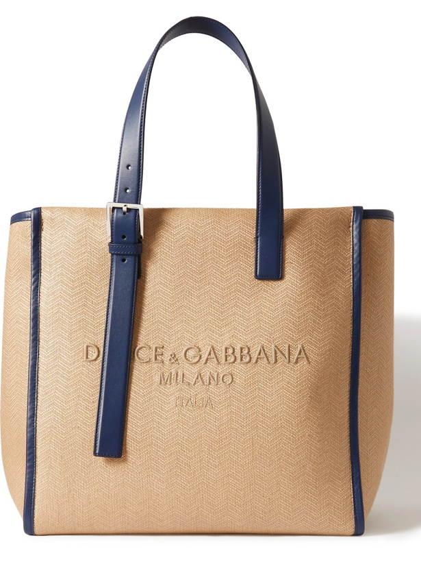 Photo: DOLCE & GABBANA - Leather-Trimmed Logo-Embroidered Herringbone Canvas Tote Bag