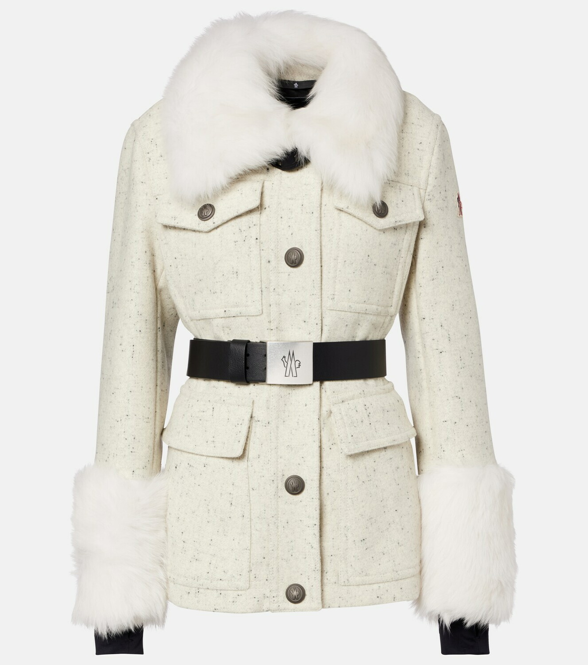 Moncler Grenoble Devez belted shearling-trimmed virgin wool down ski jacket