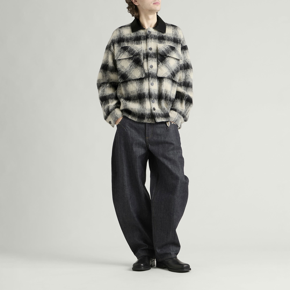 Entire Studios Men's Fjord Alpaca Check Shirt Jacket in Monochrome