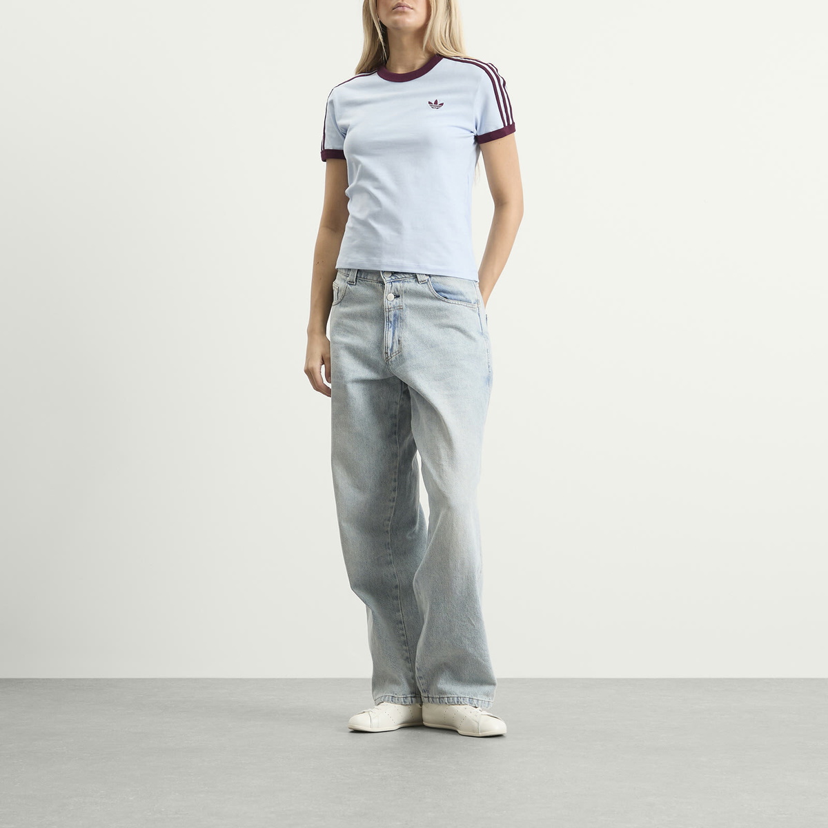 Adidas Women's 3S T-Shirt in Crystal Sky/Maroon