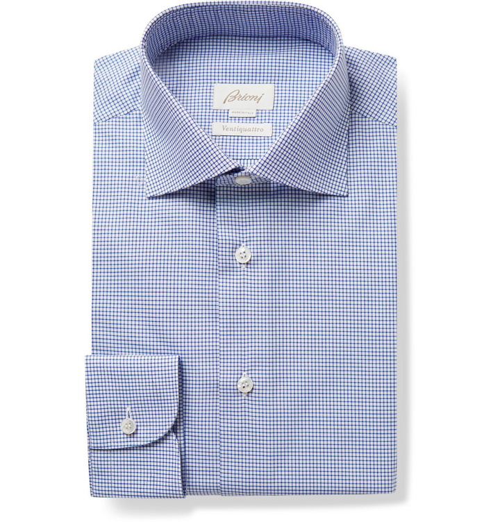 Photo: BRIONI - William Slim-Fit Cutaway-Collar Checked Cotton-Twill Shirt - Blue