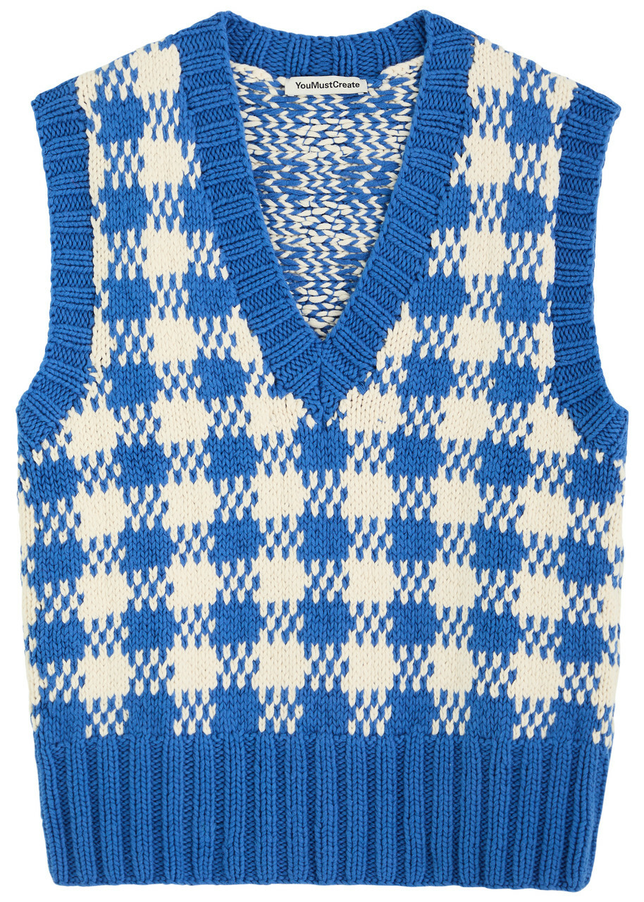 Ymc Heidi Checked Knitted Cotton Vest Blue And White
