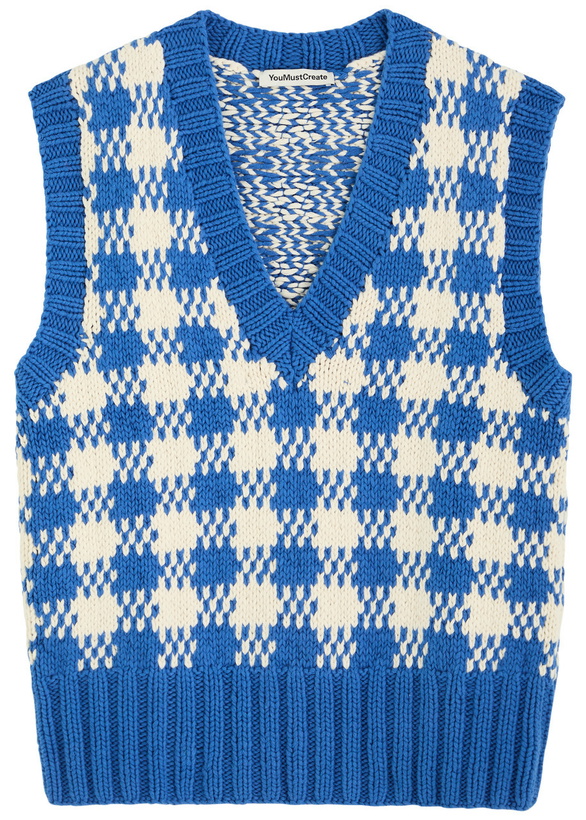 Photo: Ymc Heidi Checked Knitted Cotton Vest Blue And White