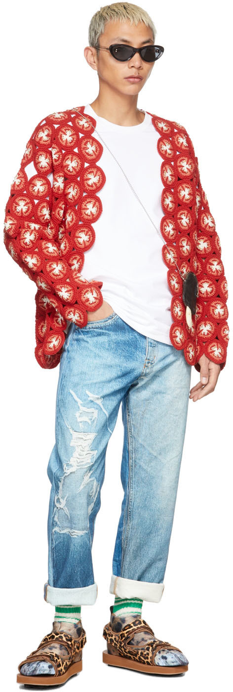 Doublet Red Crochet Cut Fruits Cardigan Doublet