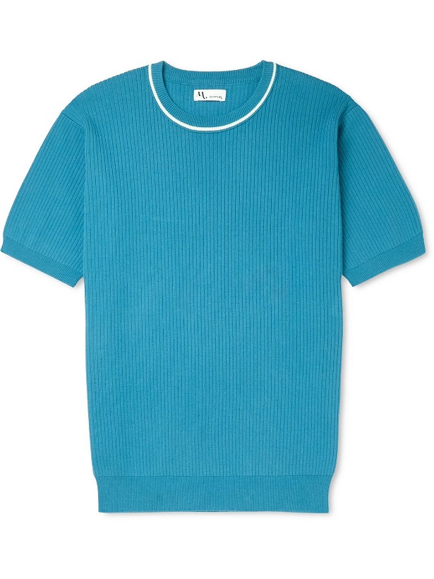 Photo: DOPPIAA - Aagar Slim-Fit Striped Ribbed Cotton T-Shirt - Blue