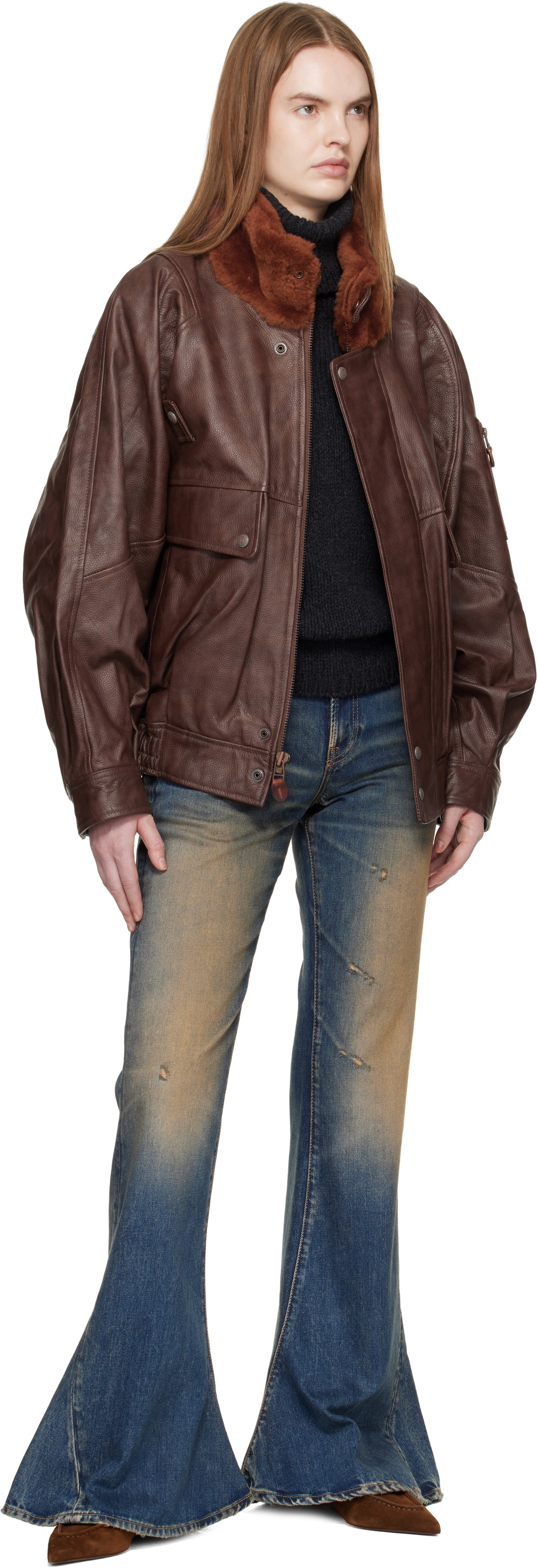 R13 Brown Shearling Collar Flight Leather Jacket