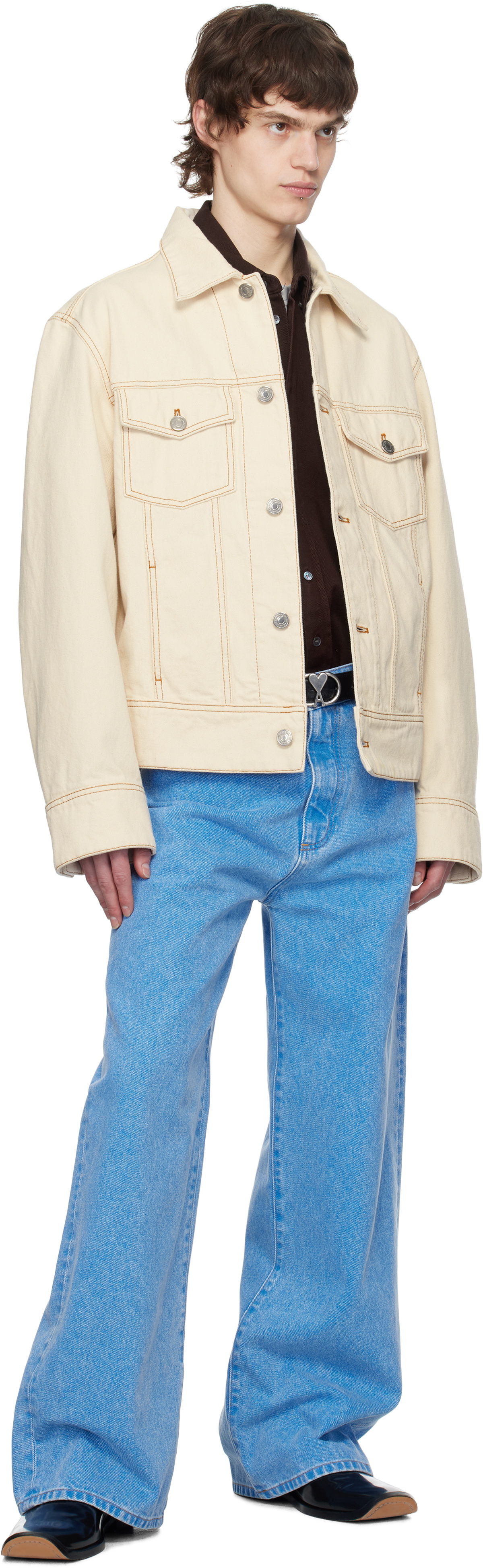 AMI Paris Off-White Cotton 'Ami Paris' Trucker Denim Jacket