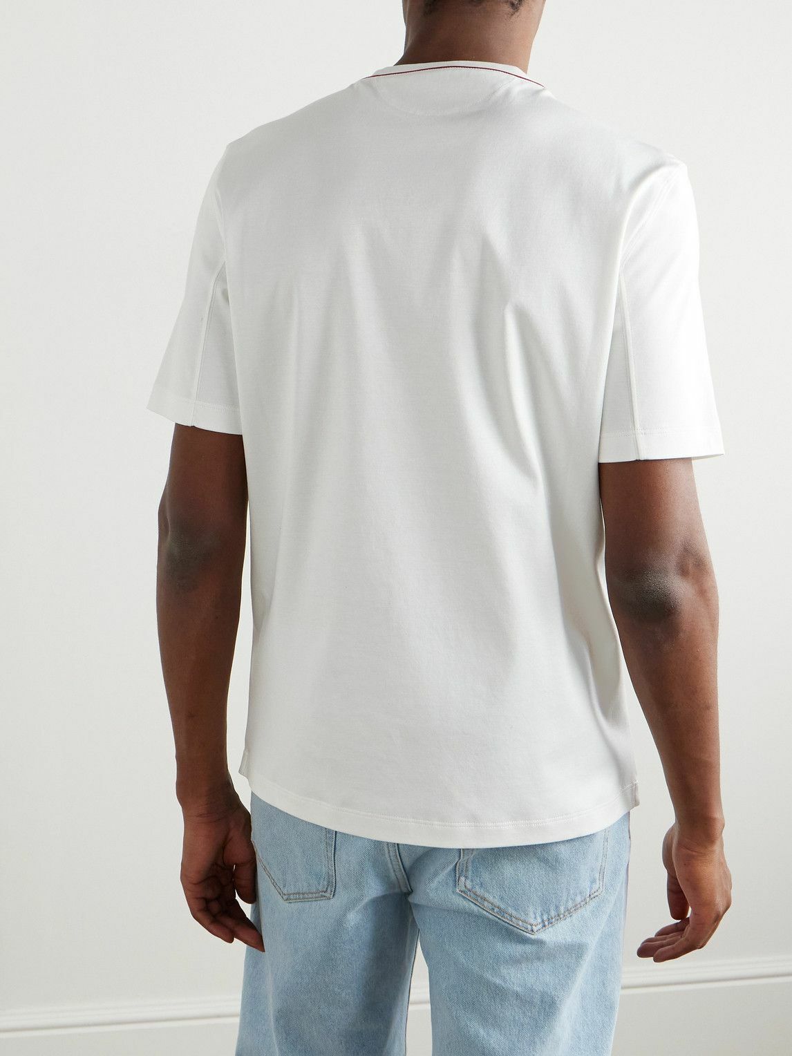 【BRUNELLO CUCINELLI】WHITE COTTON T-SHIRT Brunello Cucinelli - Piped Cotton-Jersey T-Shirt - White