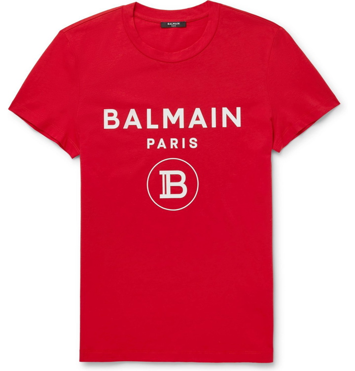Photo: Balmain - Slim-Fit Logo-Flocked Cotton-Jersey T-Shirt - Red
