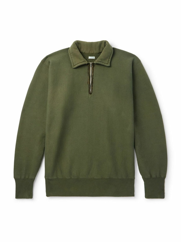 Photo: A.PRESSE - Distressed Cotton-Jersey Half-Zip Sweatshirt - Green