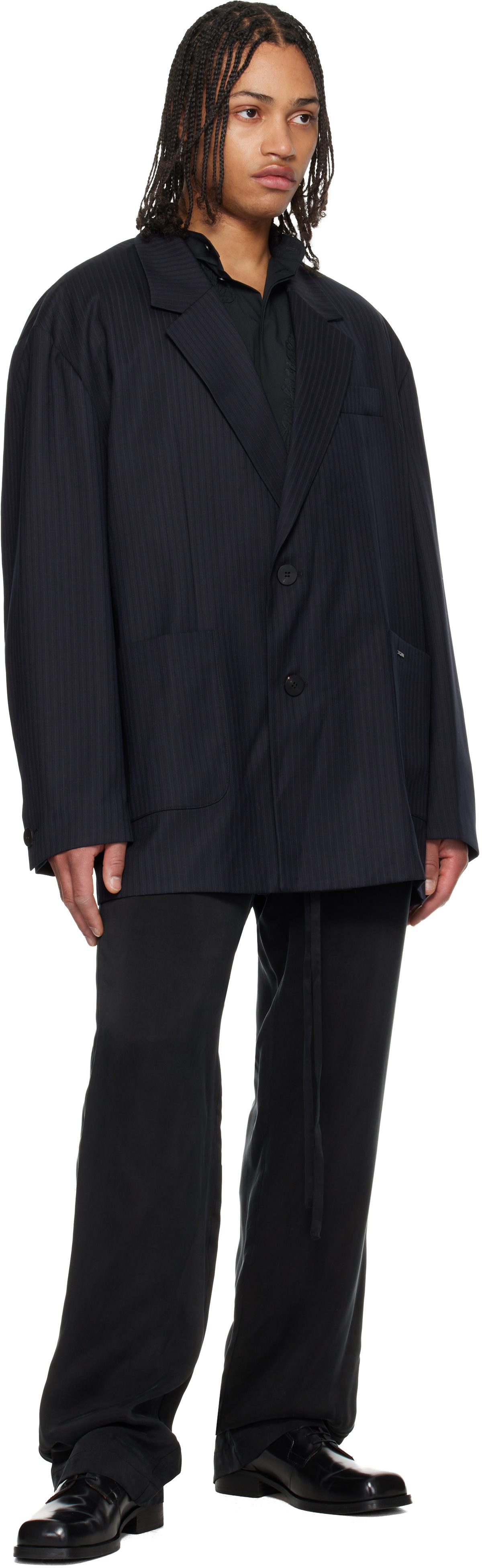 WOOYOUNGMI Navy Wool Stripe Wide Blazer