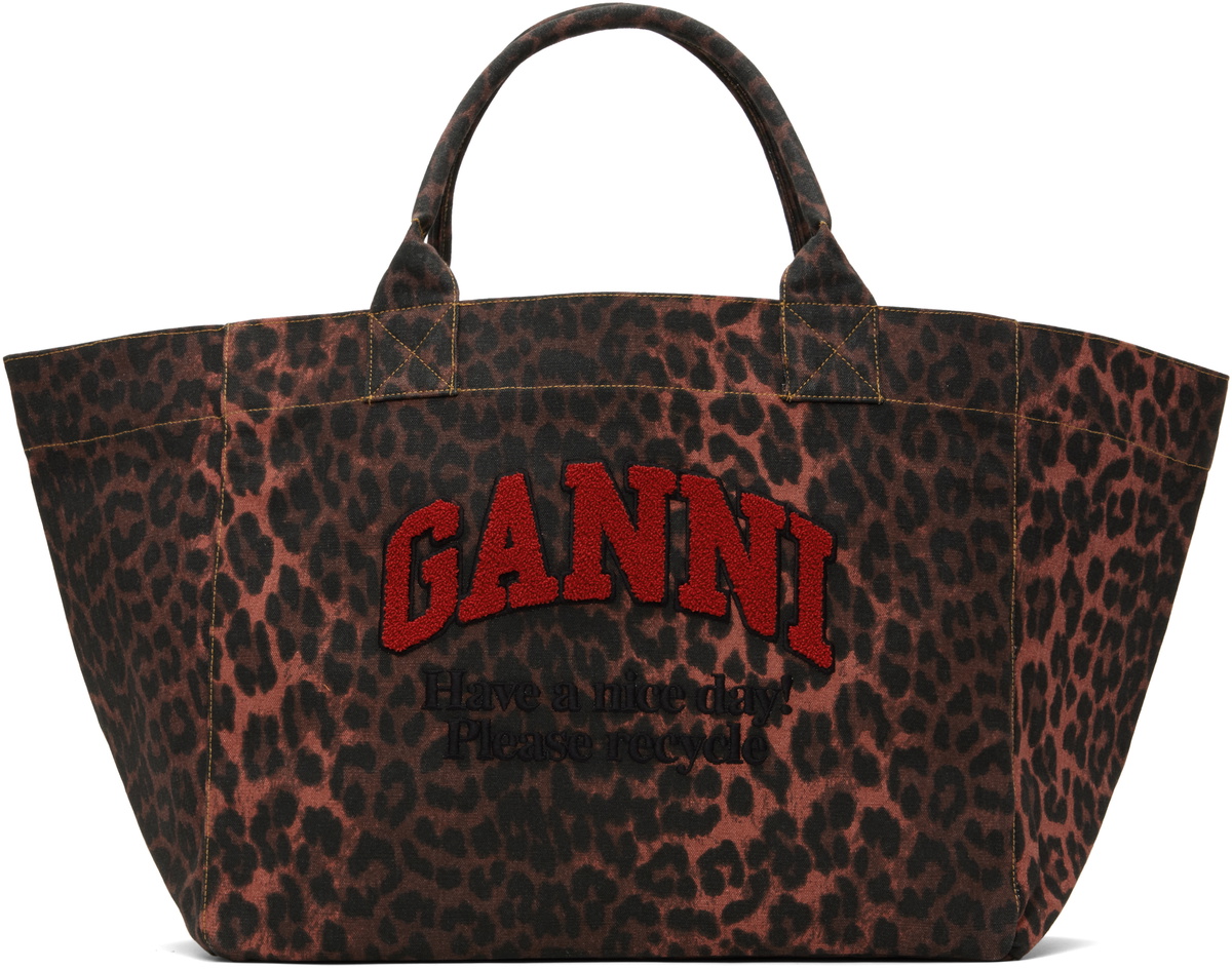 GANNI Red Oversized Leopard Print Canvas Tote GANNI