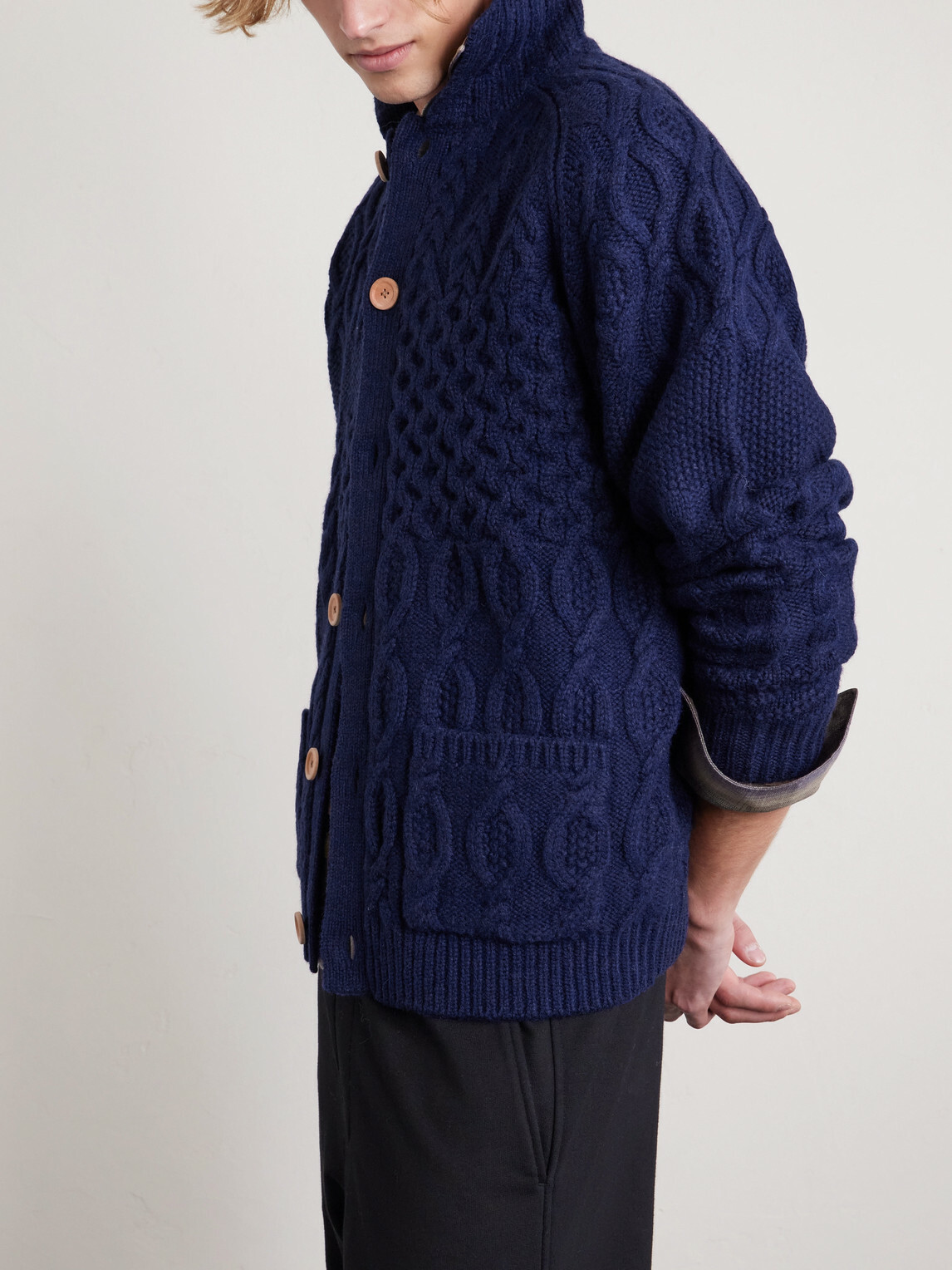 Beams Plus - Alan Patchwork Cable-Knit Wool Cardigan - Blue