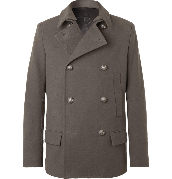 Photo: BALMAIN - Detachable-Collar Double-Breasted Cotton Peacoat - Green