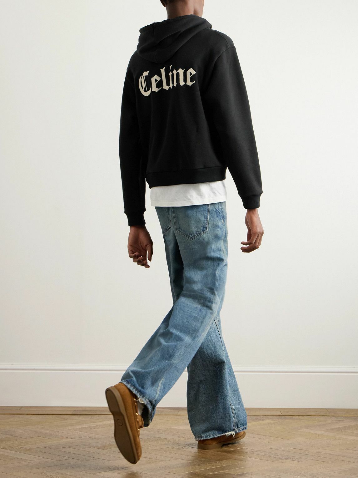 CELINE - Logo-Embroidered Cotton-Jersey Zip-Up Hoodie - Black