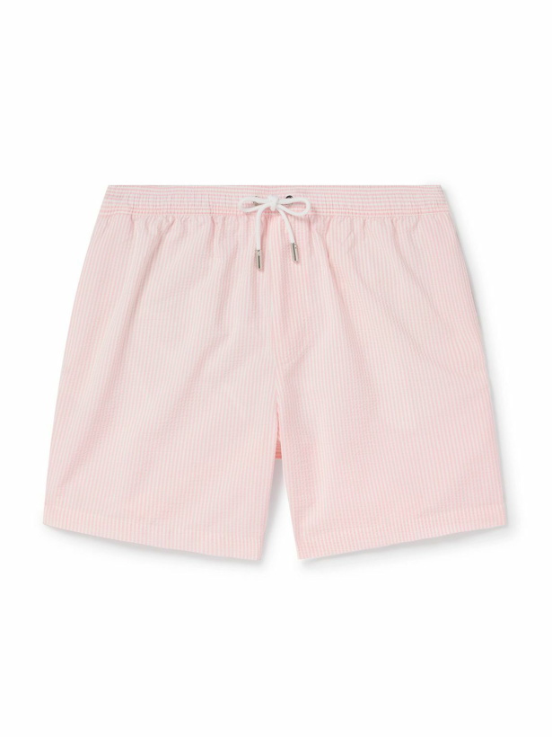 Photo: Mr P. - Straight-Leg Mid-Length Striped Seersucker Swim Shorts - Pink