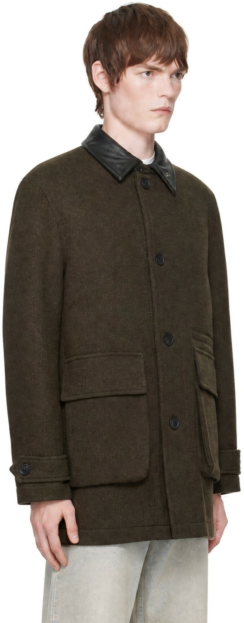 COOR Brown Trimming Leather Patchwork Coat