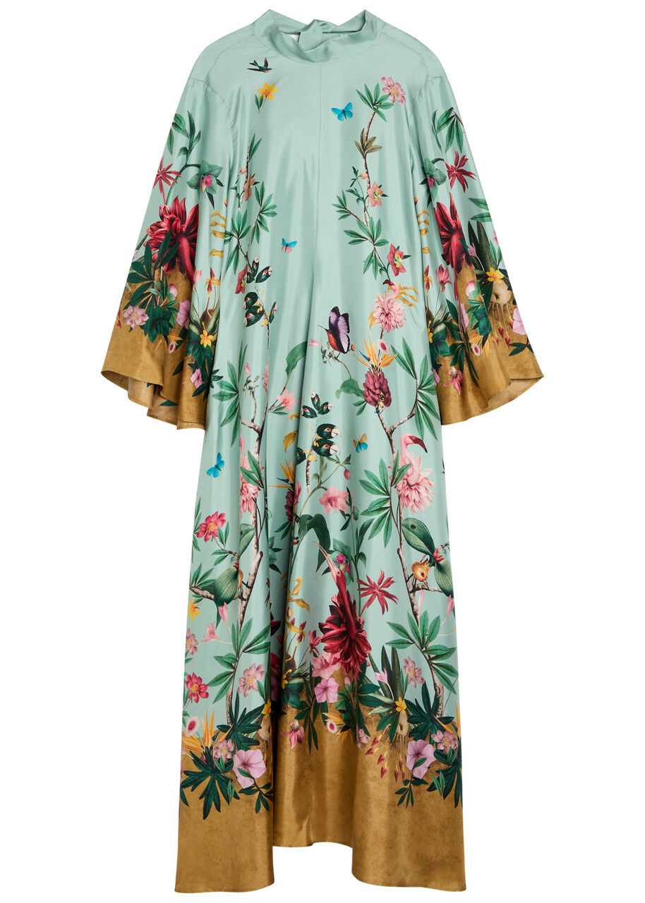LA Double J Magnifico Printed Silk Maxi Dress Blue