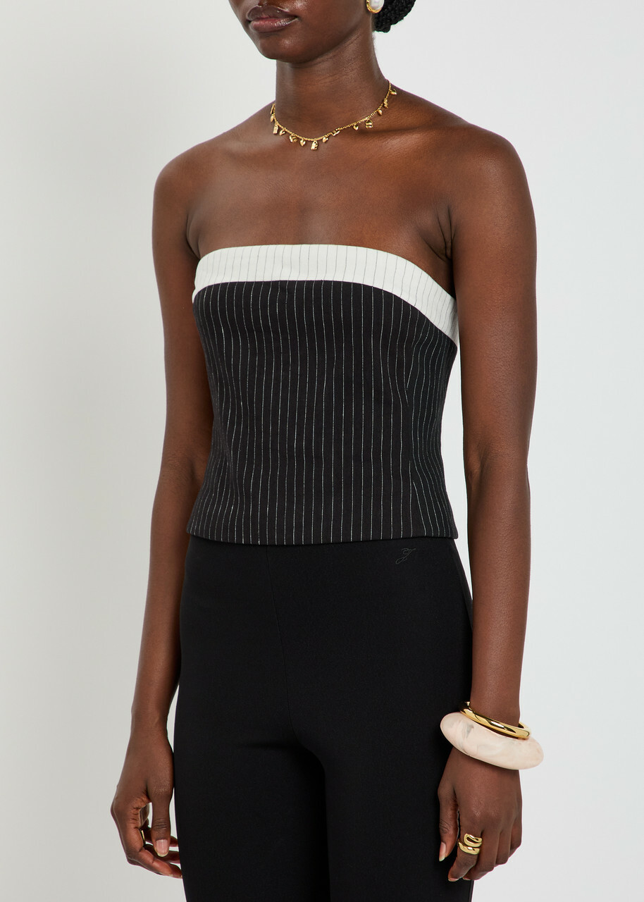 Alice + Olivia Kelly Pinstriped Strapless Linen-blend top Black And White