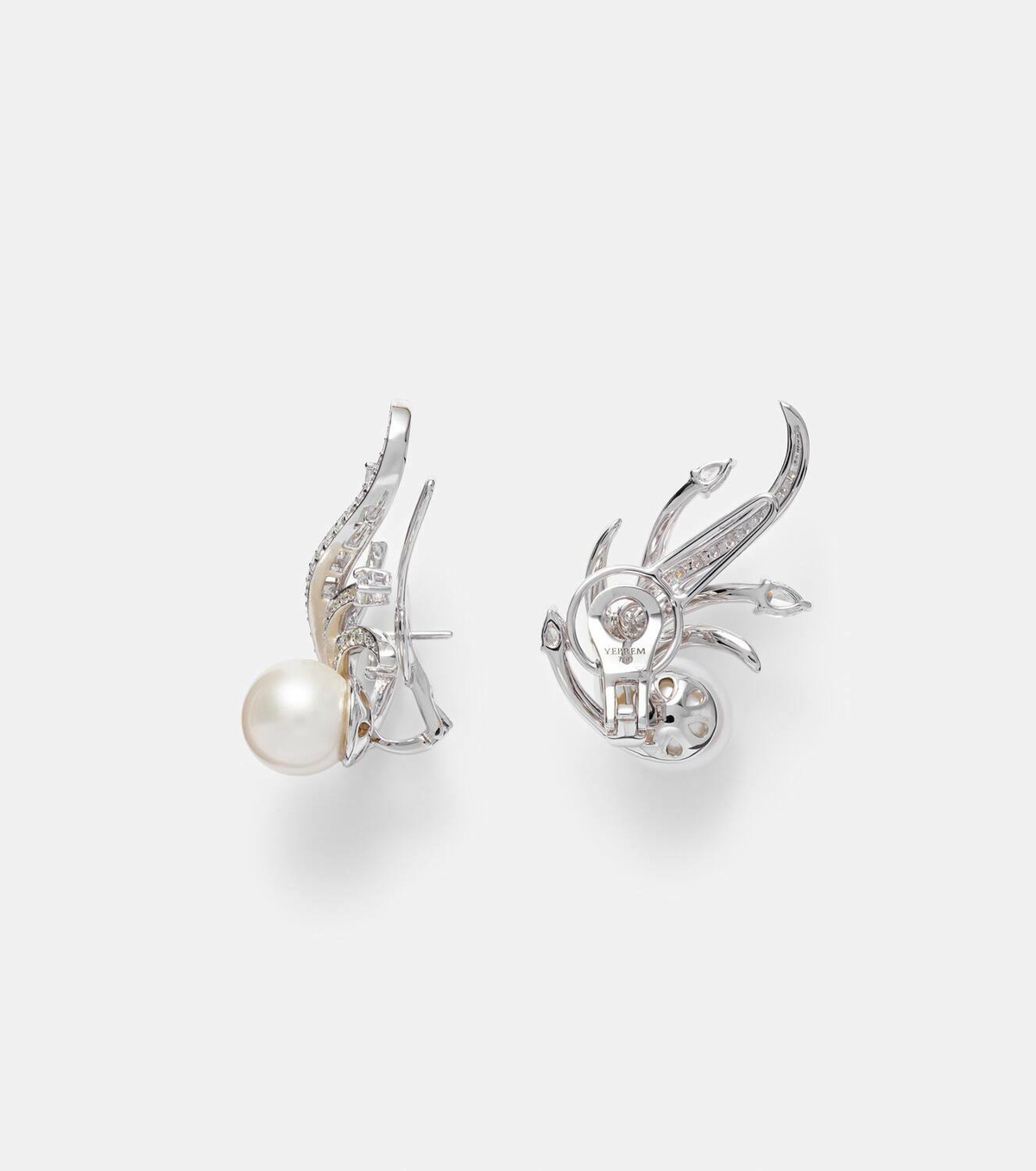 Yeprem 18kt white gold clip-on earrings with diamonds and freshwater pearls