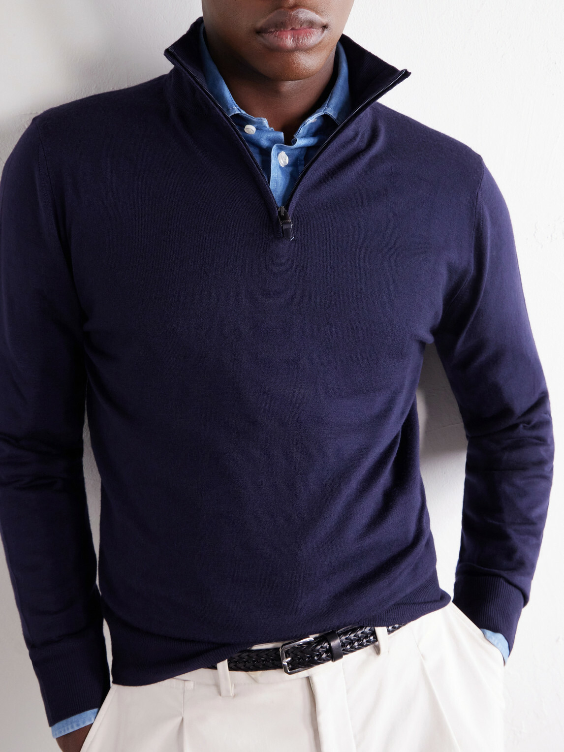 Canali - Rib-Trimmed Wool Half-Zip Sweater - Blue