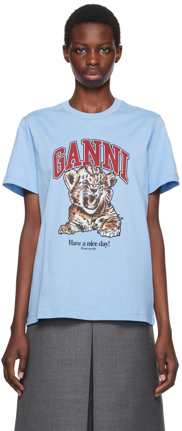 トップス GANNI Love T-Shirt Azure Blue Chambray Blue Blue Animal Print T-shirt | GANNI US