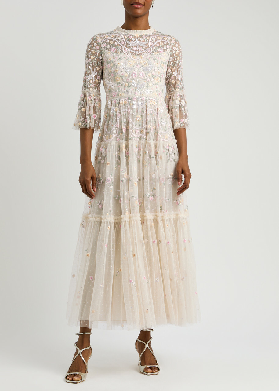 Needle & Thread Dragonfly Garden Embroidered Tulle Gown Cream