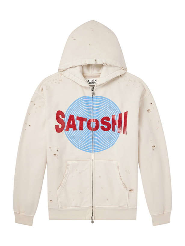 Photo: Satoshi Nakamoto - Motoslug Logo-Print Distressed Cotton-Jersey Hoodie - White