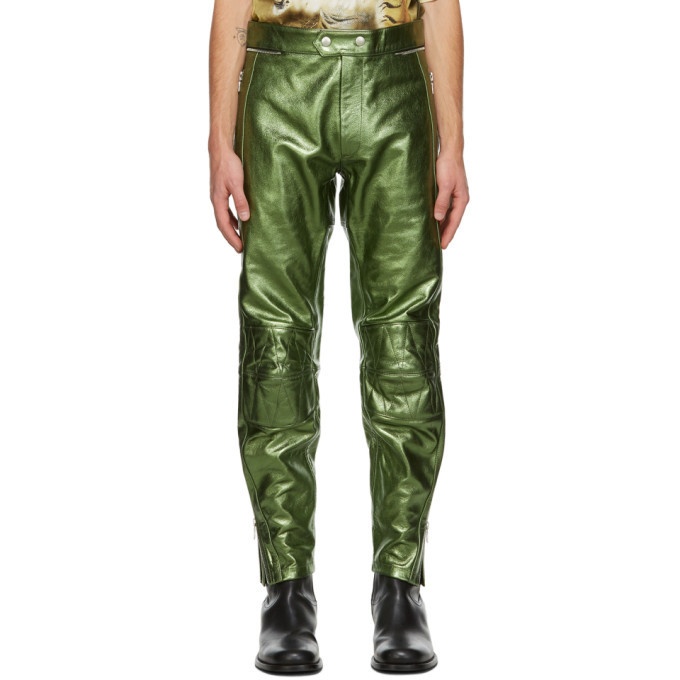 Photo: Dries Van Noten Green Leather Metallic Zip Trousers