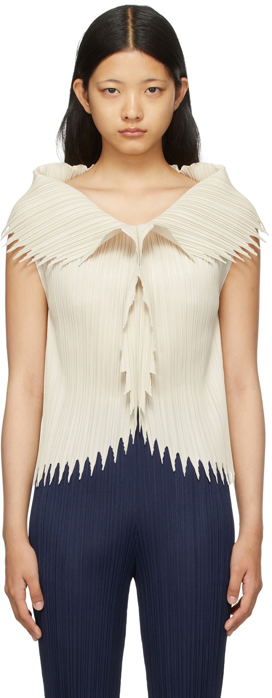 Pleats Please Issey Miyake Beige Leaf & Spice Sleeveless Blouse