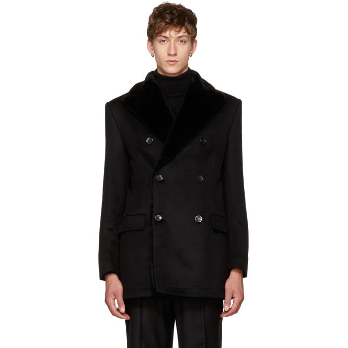 Photo: Brioni Black Fur-Lined Double-Breasted Coat 