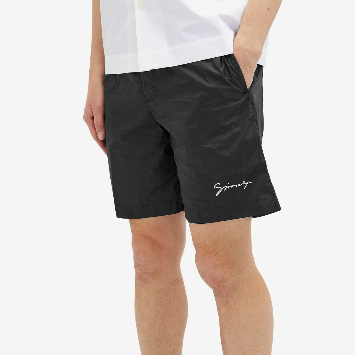 Givenchy Men's Logo Embroidery Swim Shorts in Black/White